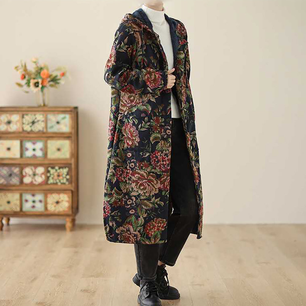Drune | Langer Mantel im Vintage-Stil mit Blumendruck