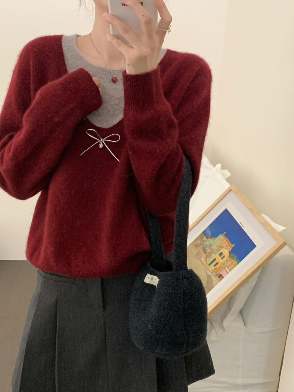 Damen Pullover mit elegantem V-Ausschnitt und edler Schleifenapplikation Drune