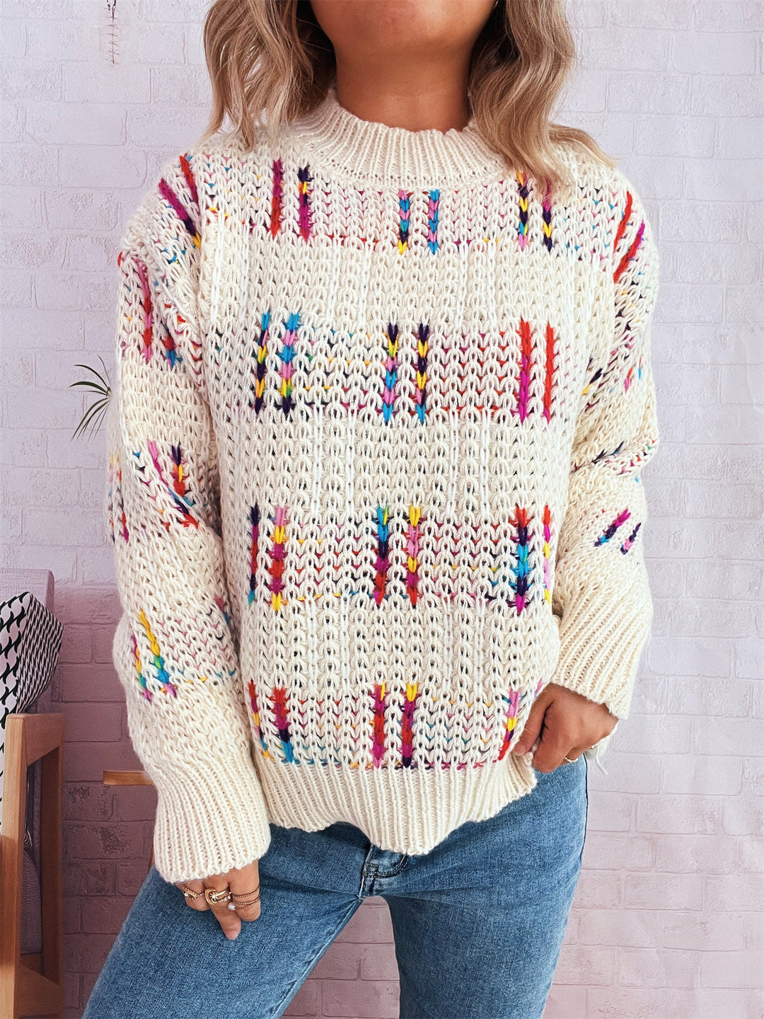 Damen lässiger Strickpullover mit vielseitigem Farbenspiel und hohem Kragen Drune