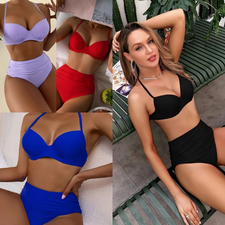 Damen hochgeschnittener Bikini mit gepolstertem Oberteil und elegantem Wickelband Drune
