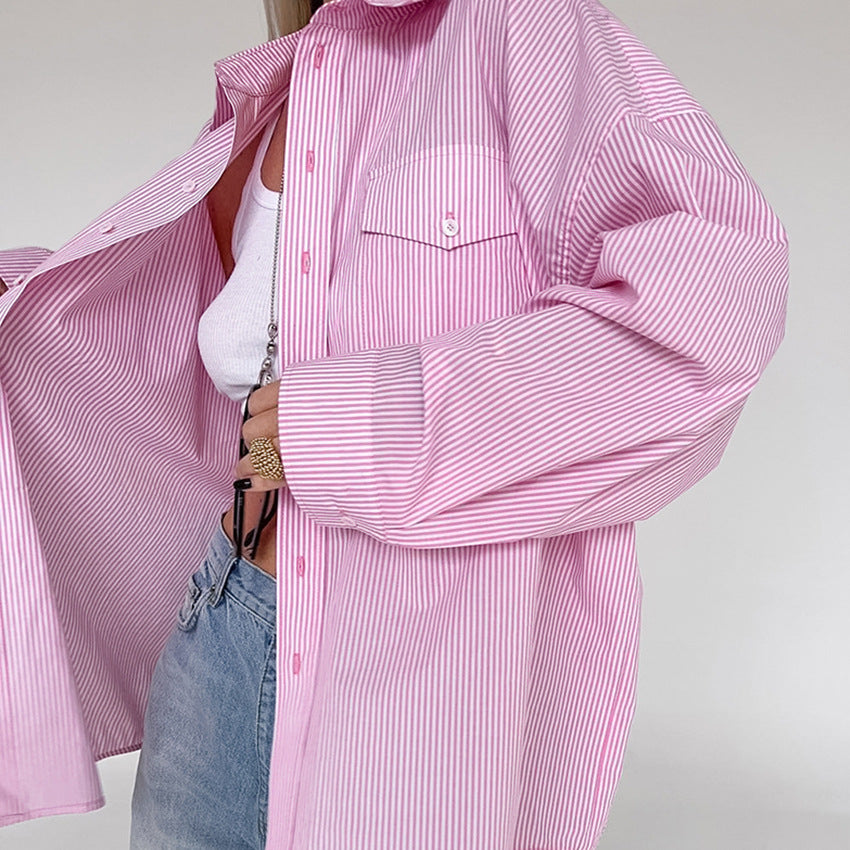 Damen gestreifte Oversized-Hemdbluse mit Brusttasche und lässigem Schnitt Drune