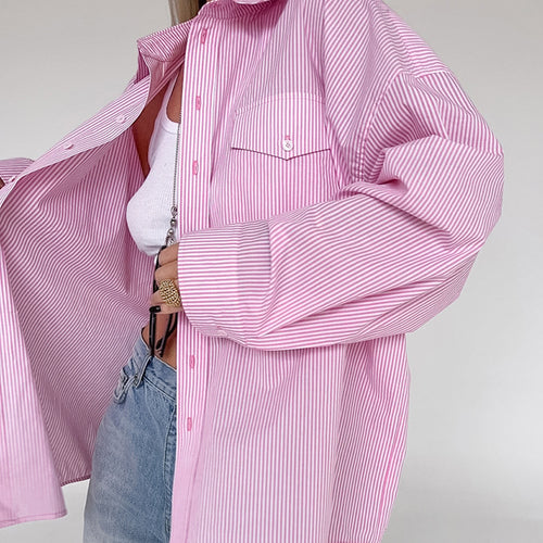 Damen gestreifte Oversized-Hemdbluse mit Brusttasche und lässigem Schnitt Drune