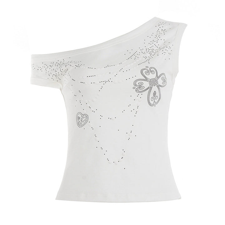 Damen asymmetrisches Tanktop mit stylischem Druck und verzierten Applikationen Drune