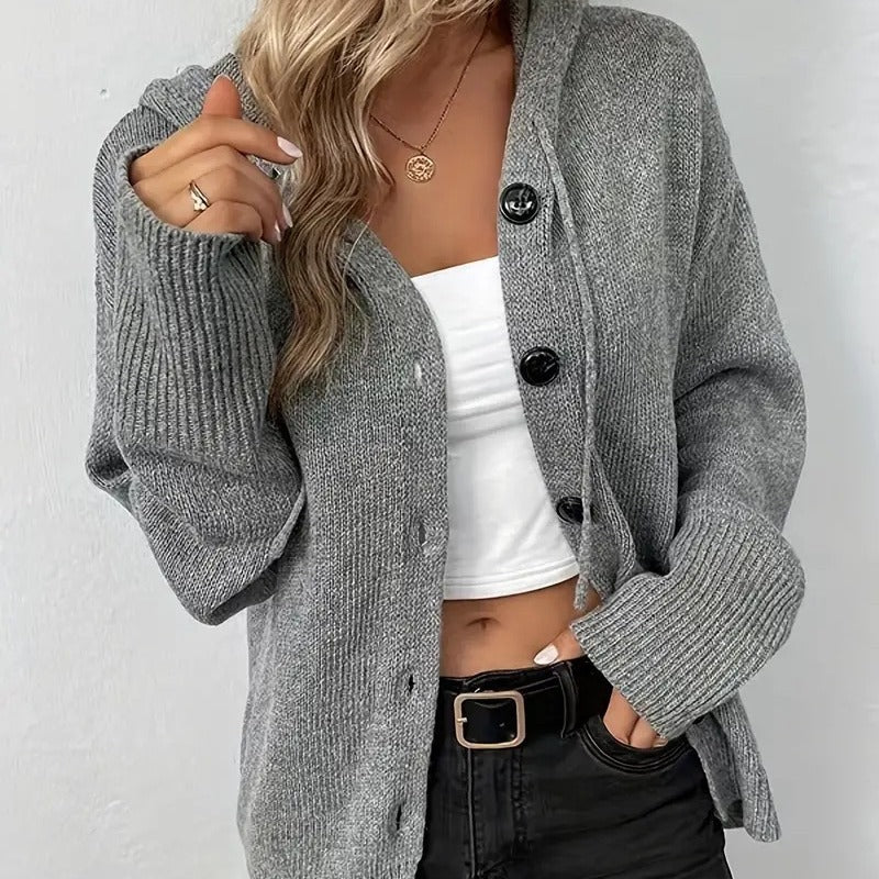 Damen Strickjacke mit Kapuze und Knopfverschluss Drune