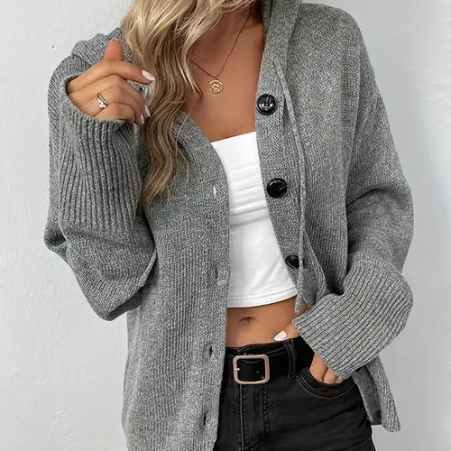 Damen Strickjacke mit Kapuze und Knopfverschluss Drune