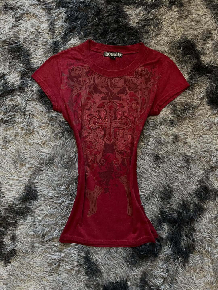 Damen T-Shirt mit aufwendig gestaltetem floralem Druck und Glitzerakzenten Drune