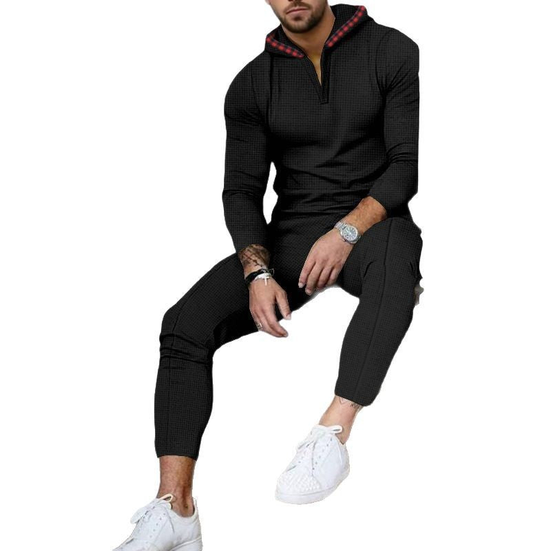 Herren nan Slim-Fit Waffel-Strick Kapuzen-Set mit Halbzip, kontrastgefütterter Kapuze und tapered Jogginghose Drune