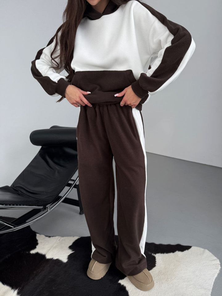 Damen gemütliches Fleece-Casual-Set mit farblich abgesetzten Details Drune