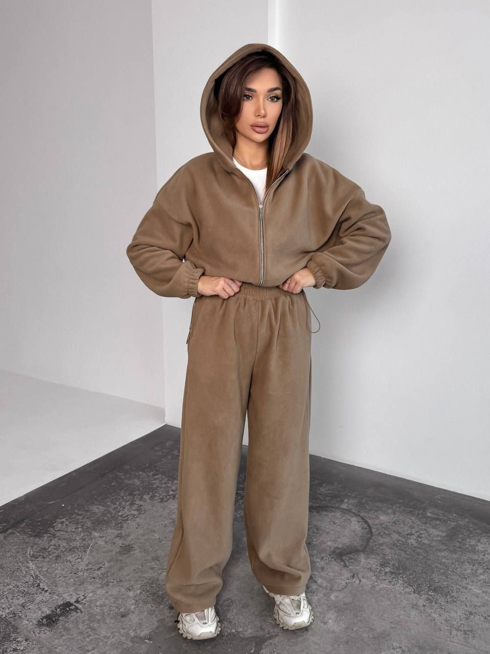 Damen Oversized Fleece-Jogginganzug mit Kapuze und weiten Beinen Drune