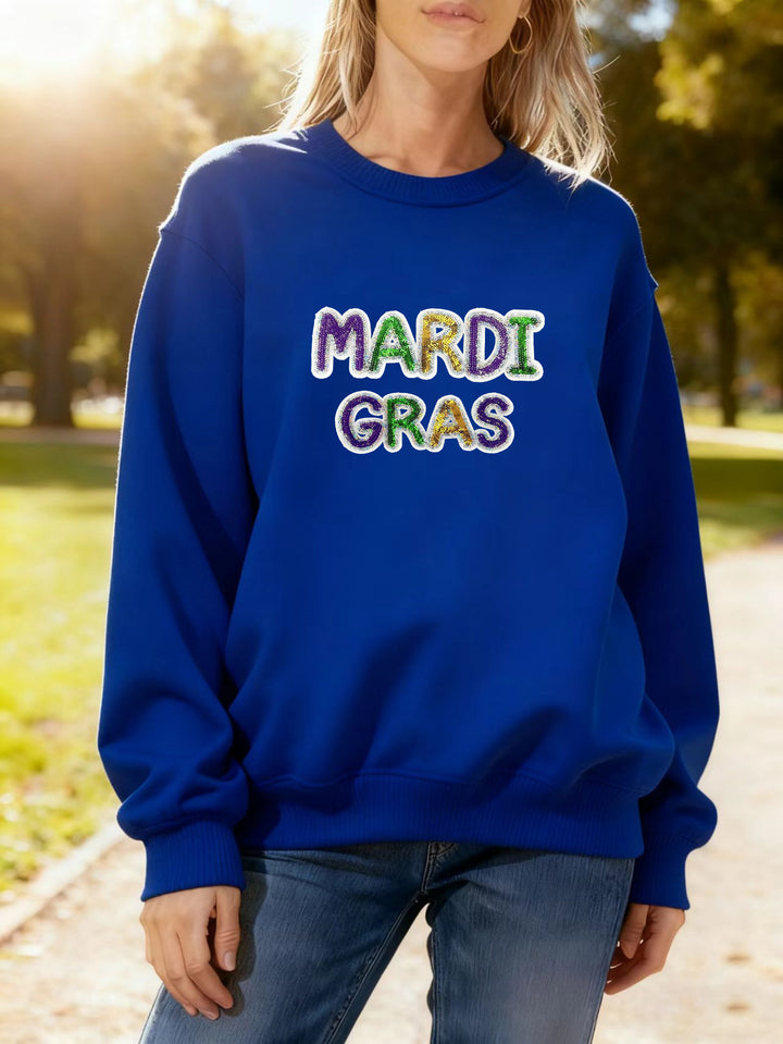 Damen Sweatshirt mit lebhaftem Mardi Gras Schriftzug Drune