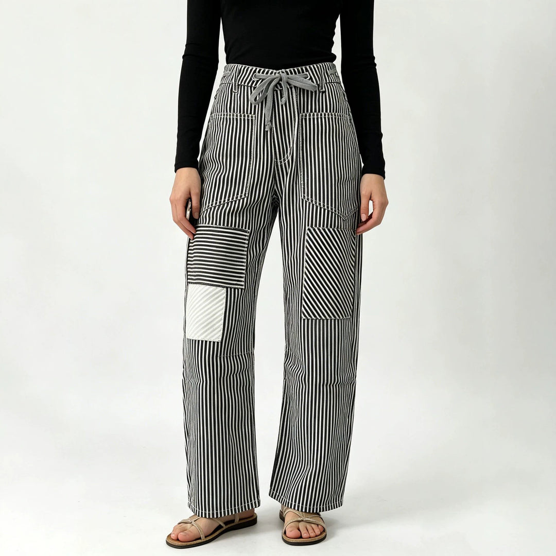 Damen nan High‑Waist Relaxed‑Hose mit vertikalem Streifenmuster, aufgesetzten Knie‑Patches und Kordelzug Drune