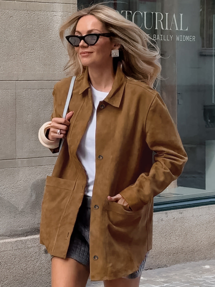 Damen Modischer Wildlederblazer mit praktischen Taschen Drune