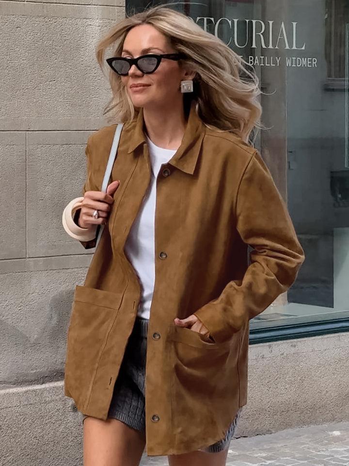 Damen Modischer Wildlederblazer mit praktischen Taschen Drune