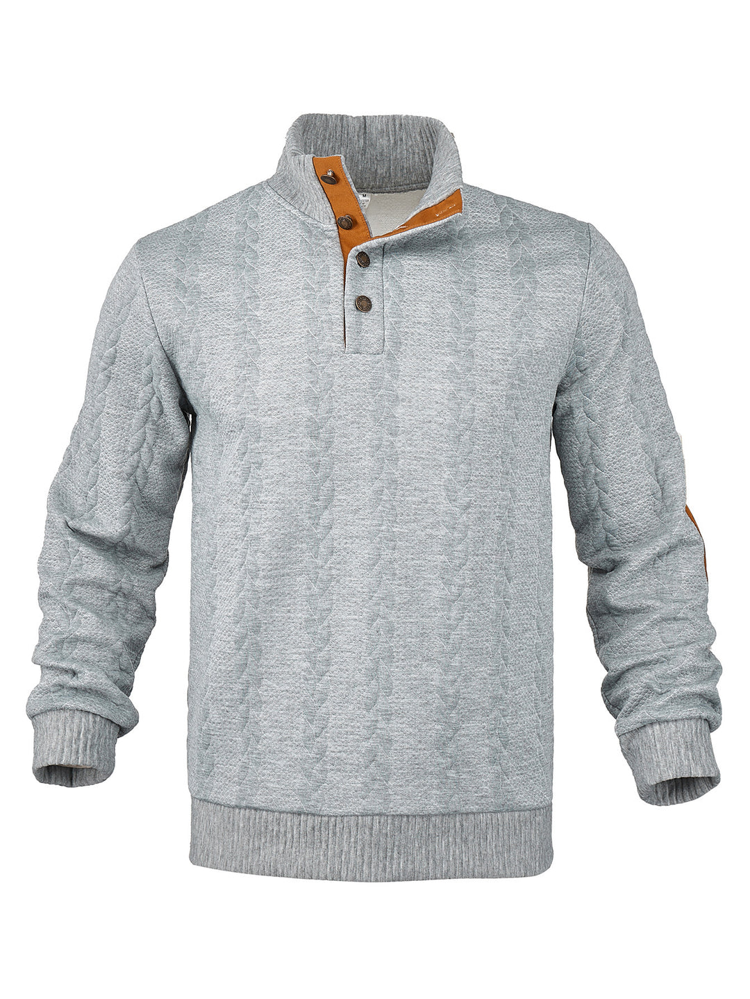 Herren nan Zopfmuster-Pullover mit Stehkragen, halber Knopfleiste und Ellbogenpatches Drune