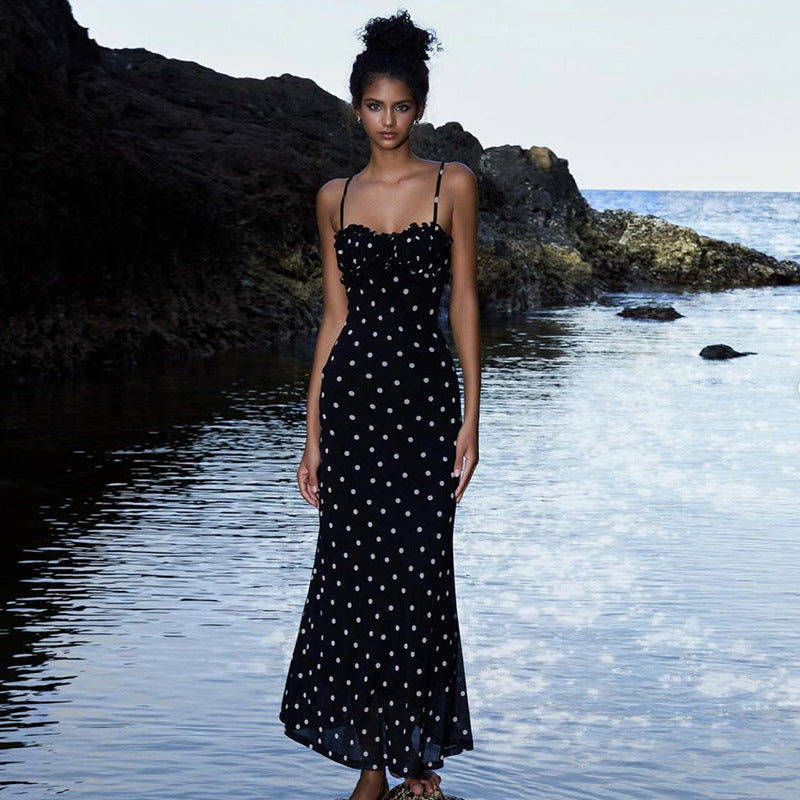 Damen Figurformendes Maxikleid mit elastischen Trägern und raffiniertem Punkte-Design Drune