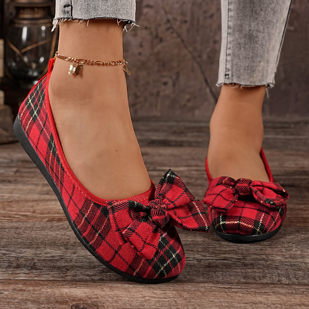 Damen  karierter Ballerina Slipper mit dekorativer Schleife und gepolstertem Komfortfußbett Drune