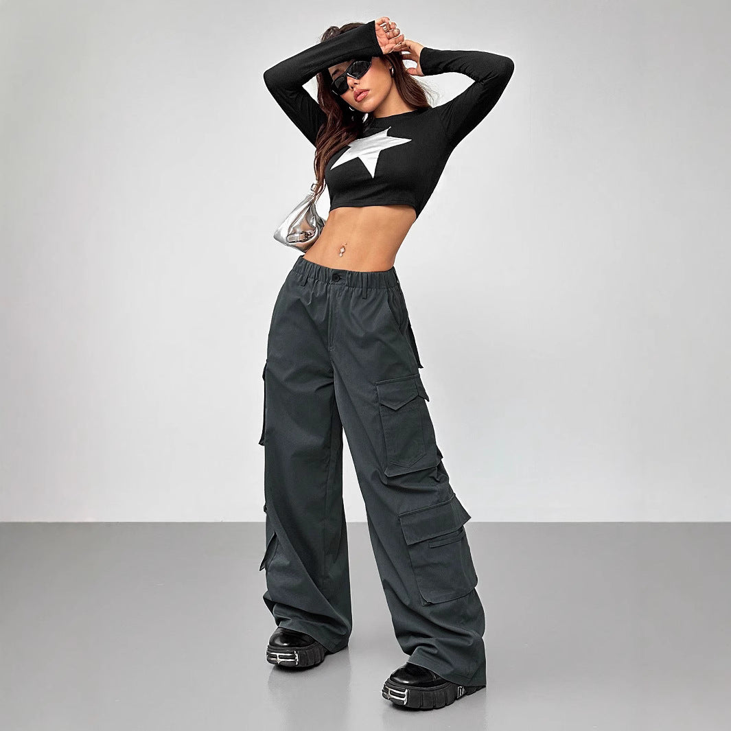 Damen weite Cargo-Hose mit elastischem Bund und praktischen Taschen Drune