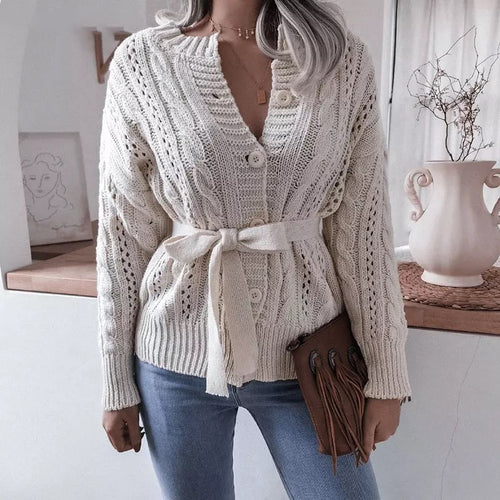 Damen Strickjacke mit gewaschenem Zopfmuster und Taillengürtel Drune