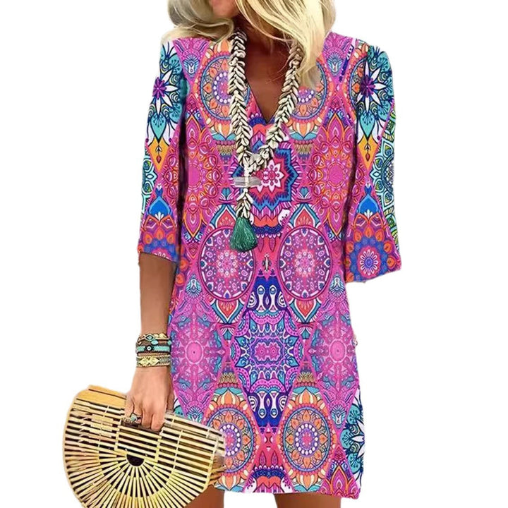Damen nan kurzes Boho Strandkleid im Mandala-Print mit V-Ausschnitt, dreiviertel-Ärmeln und legerer A-Linie Drune