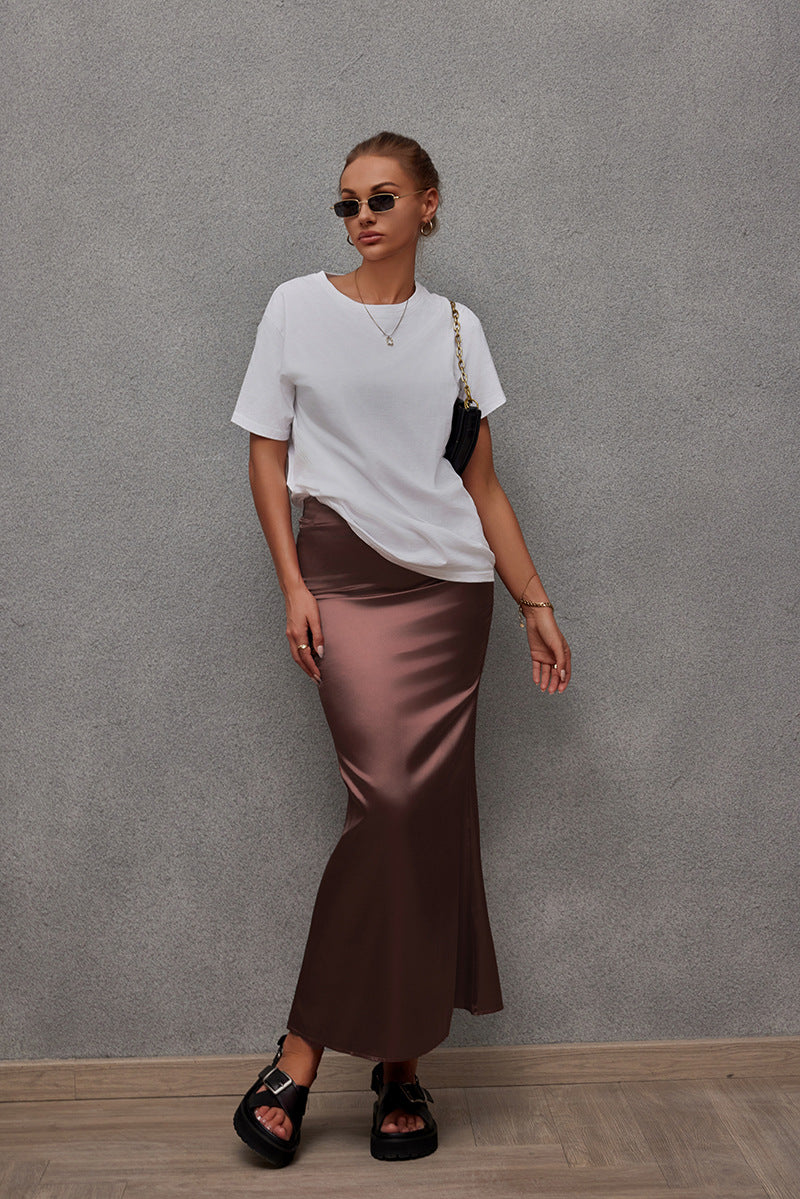 Damen Eleganter Maxirock aus glänzendem Satin mit hohem Schlitz Drune
