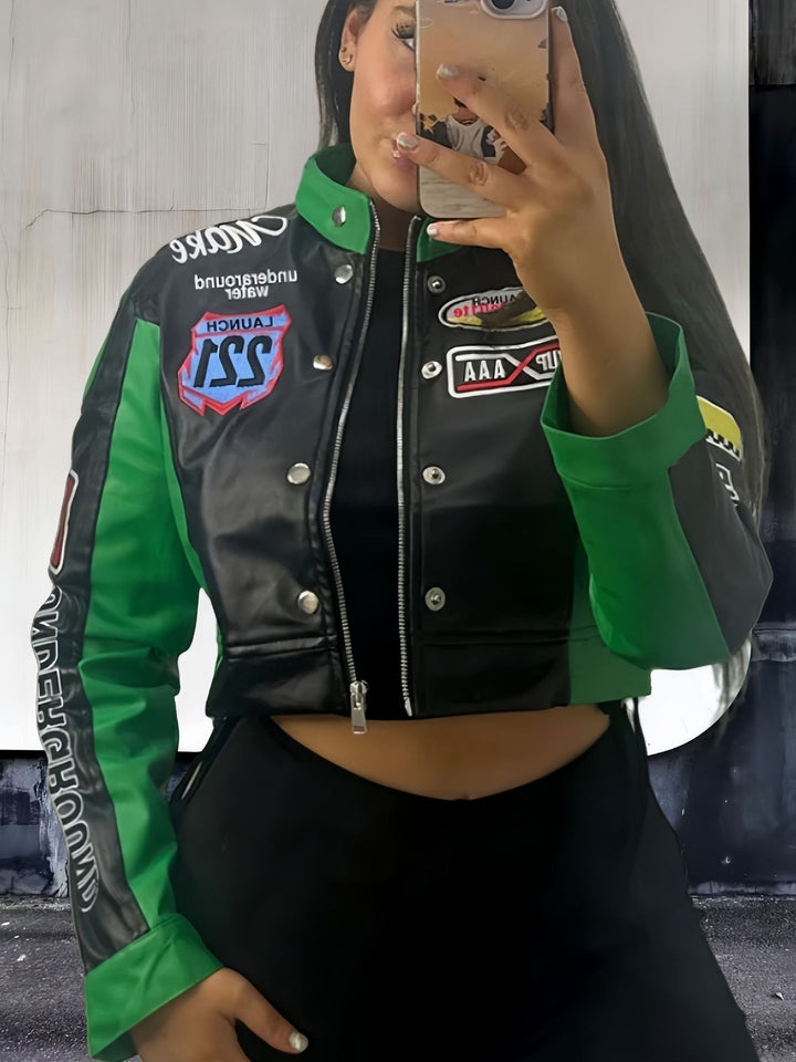 Damen trendige cropped Bikerjacke mit sportlichen Patches Drune