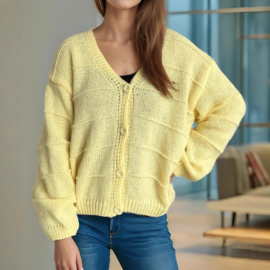 Damen lässige Strickjacke mit tiefem V-Ausschnitt und eleganten Knopfdetails Drune