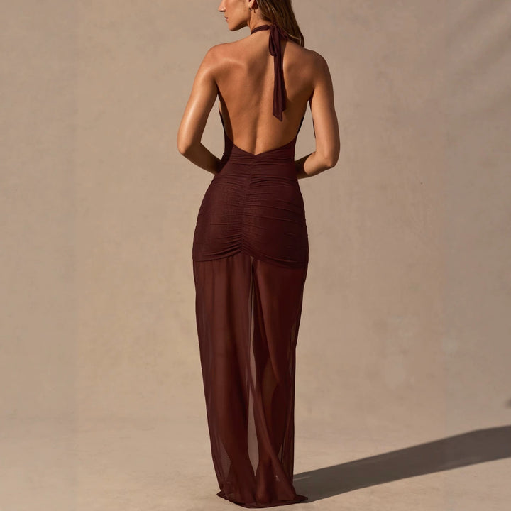 Damen Elegantes Cut-Out Maxikleid mit asymmetrischen Rüschen Drune