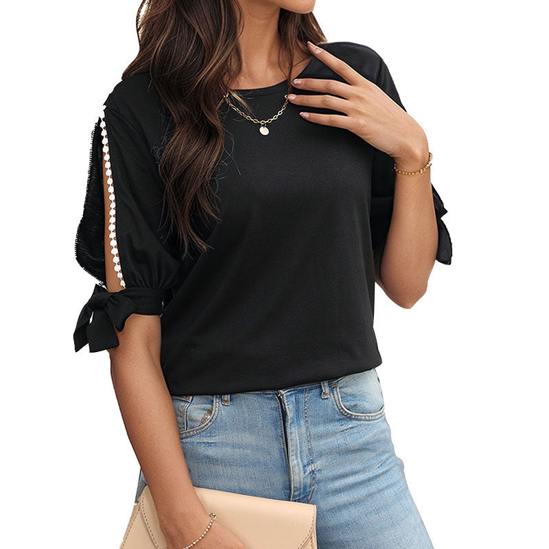 Damen elegantes Oberteil mit Rüschendetails und dekorativen Knopfdesign Drune