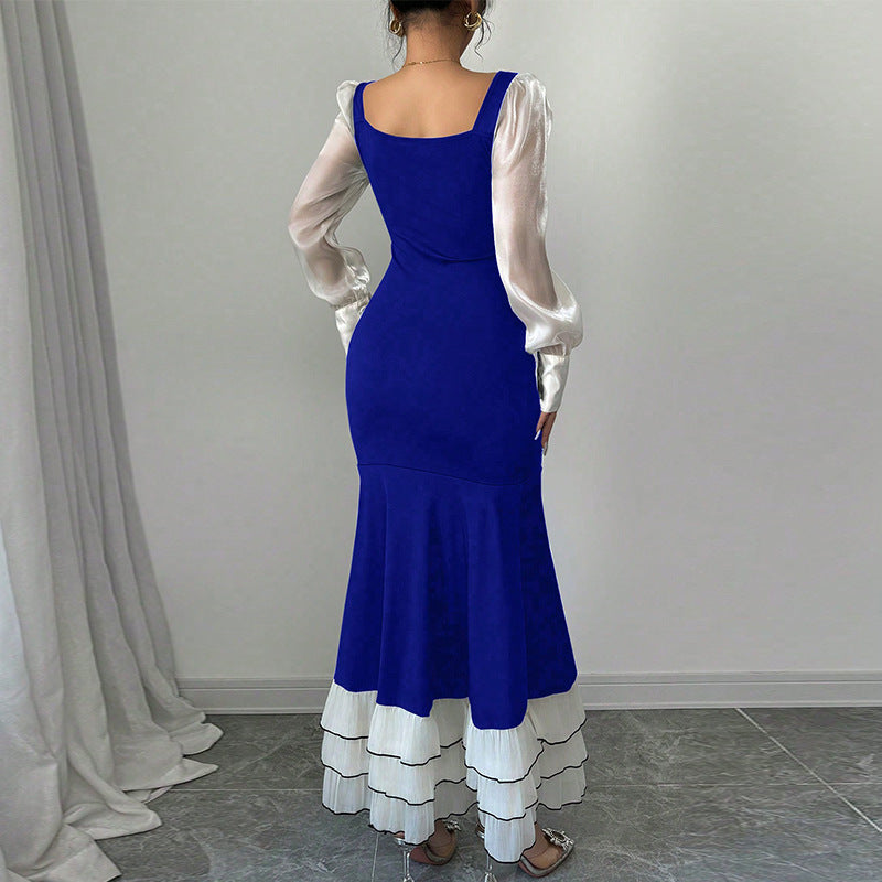 Damen elegantes Maxikleid mit transparenten Puffärmeln und Rüschensaum Drune