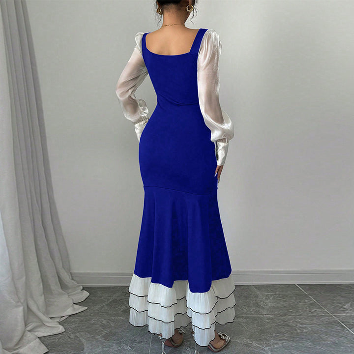 Damen elegantes Maxikleid mit transparenten Puffärmeln und Rüschensaum Drune