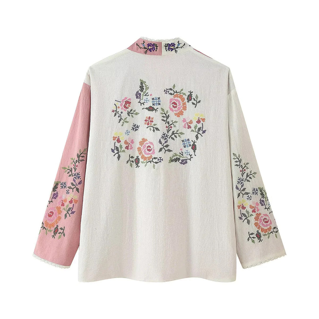 Damen Kimono-Jacke mit floralen Stickereien und elegantem Kragen Drune