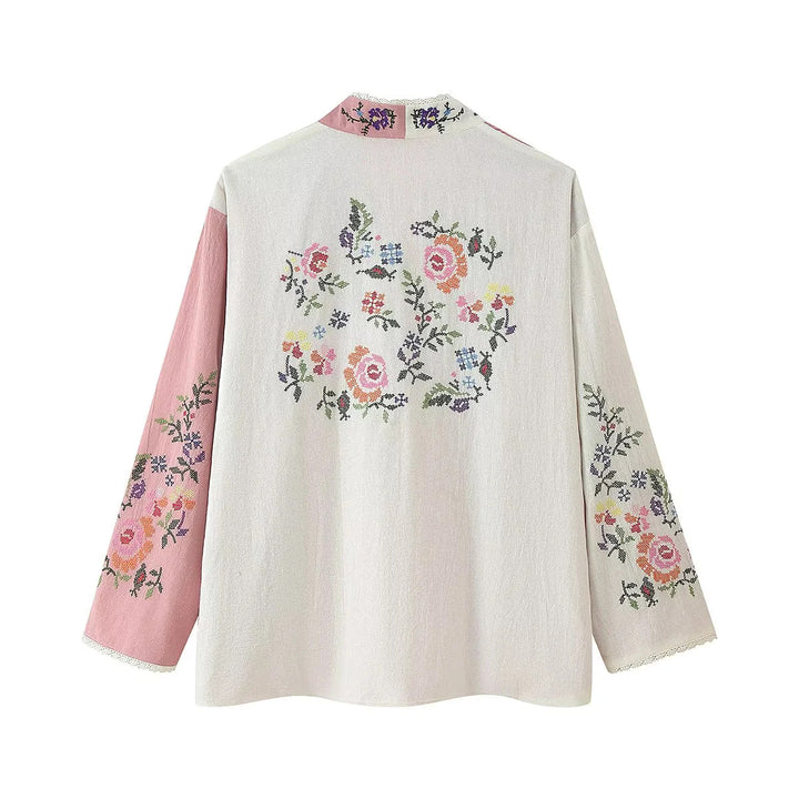 Damen Kimono-Jacke mit floralen Stickereien und elegantem Kragen Drune