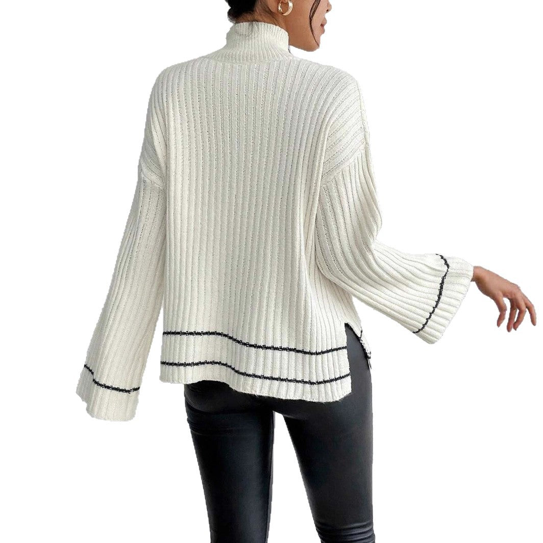Damen Strickpullover mit hohem Kragen und modernen Rippdetails Drune