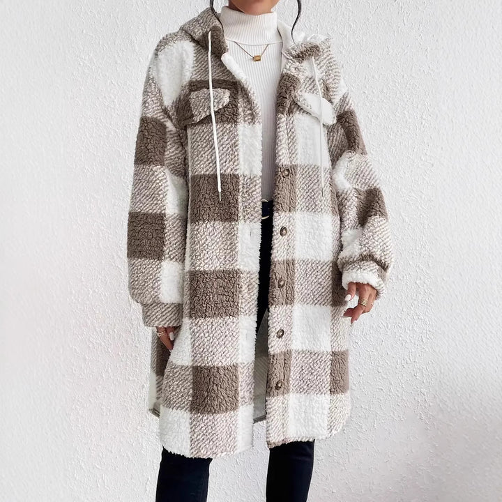 Damen Plüschige Karojacke im Oversized-Stil mit Knopfleiste Drune