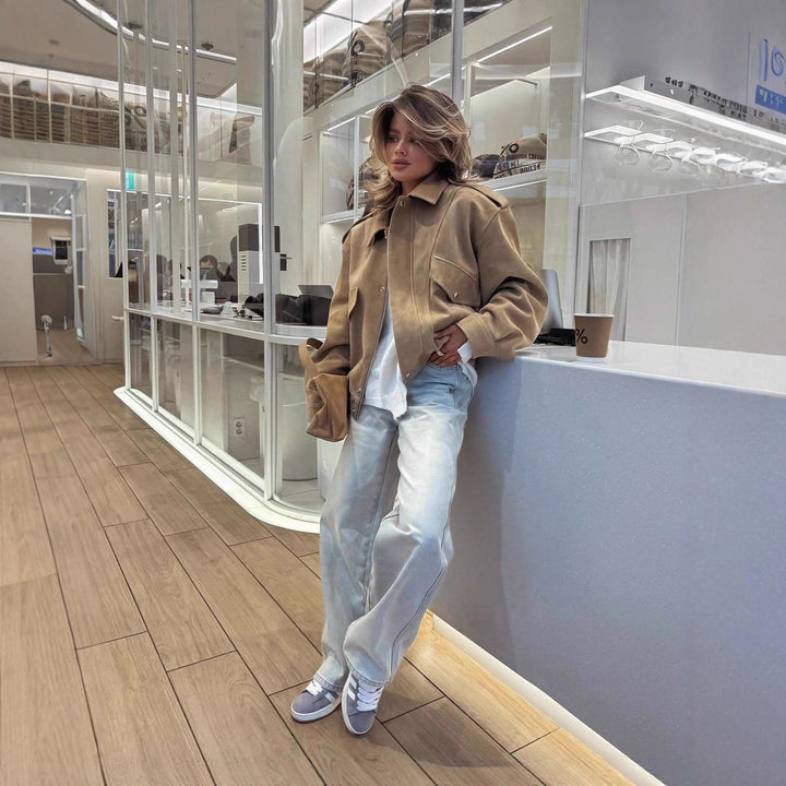 Damen lässige Wildlederjacke mit praktischen Taschen und elastischem Bund Drune