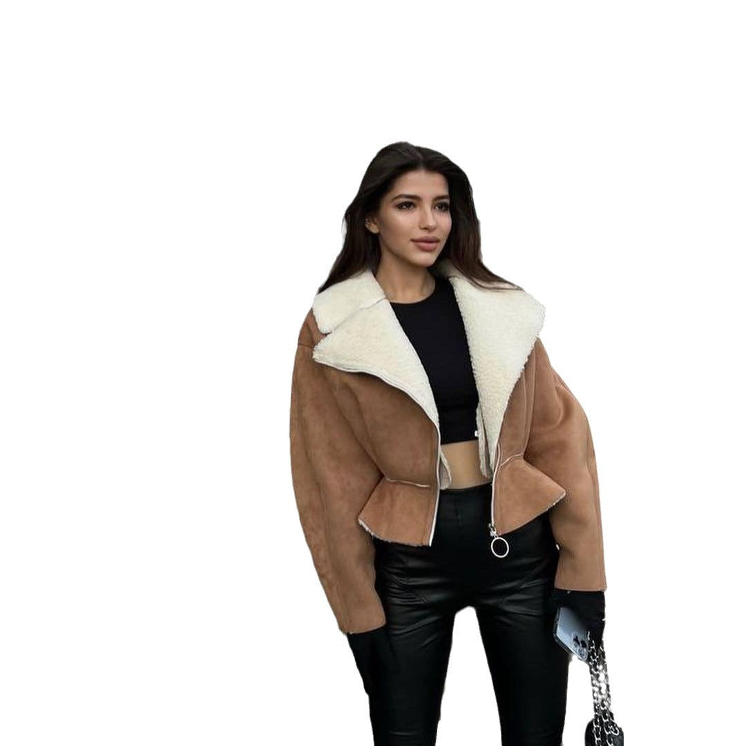 Damen trendige Kurzjacke mit flauschigem Innenfutter und Reißverschluss Drune
