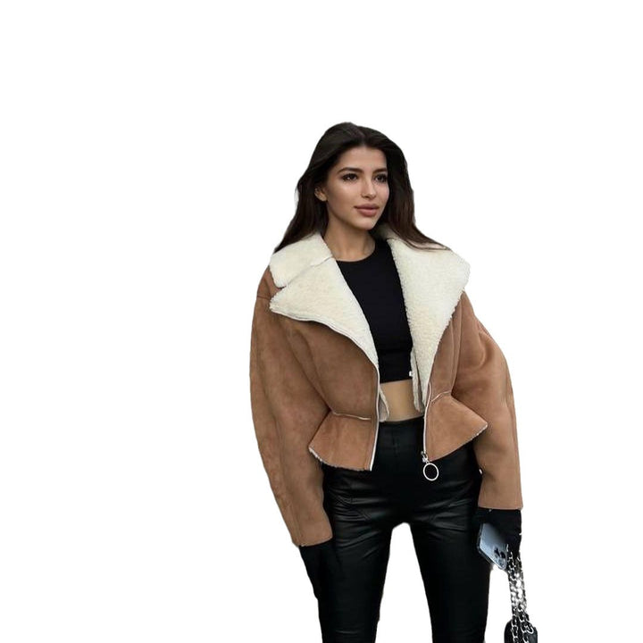 Damen trendige Kurzjacke mit flauschigem Innenfutter und Reißverschluss Drune