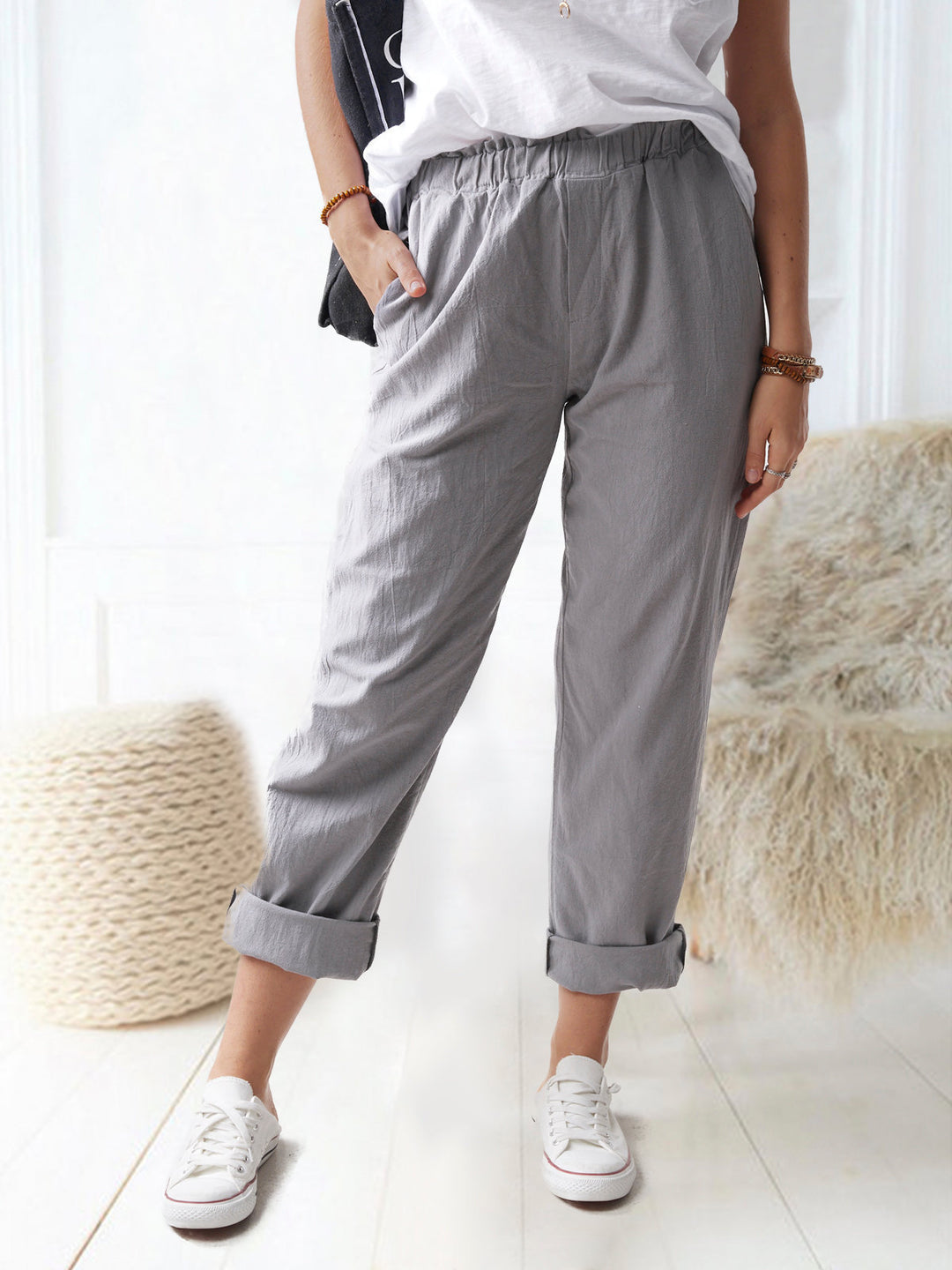 Damen lässige Leinenhose mit elastischem Bund und praktischen Taschen Drune