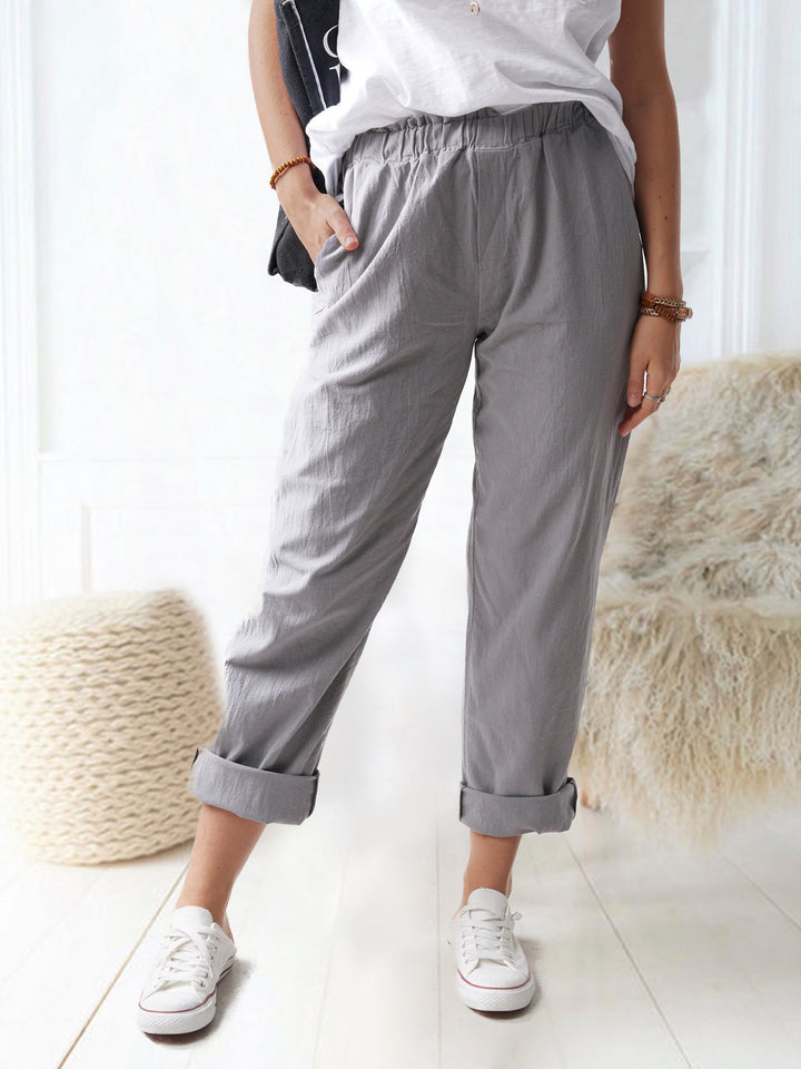Damen lässige Leinenhose mit elastischem Bund und praktischen Taschen Drune