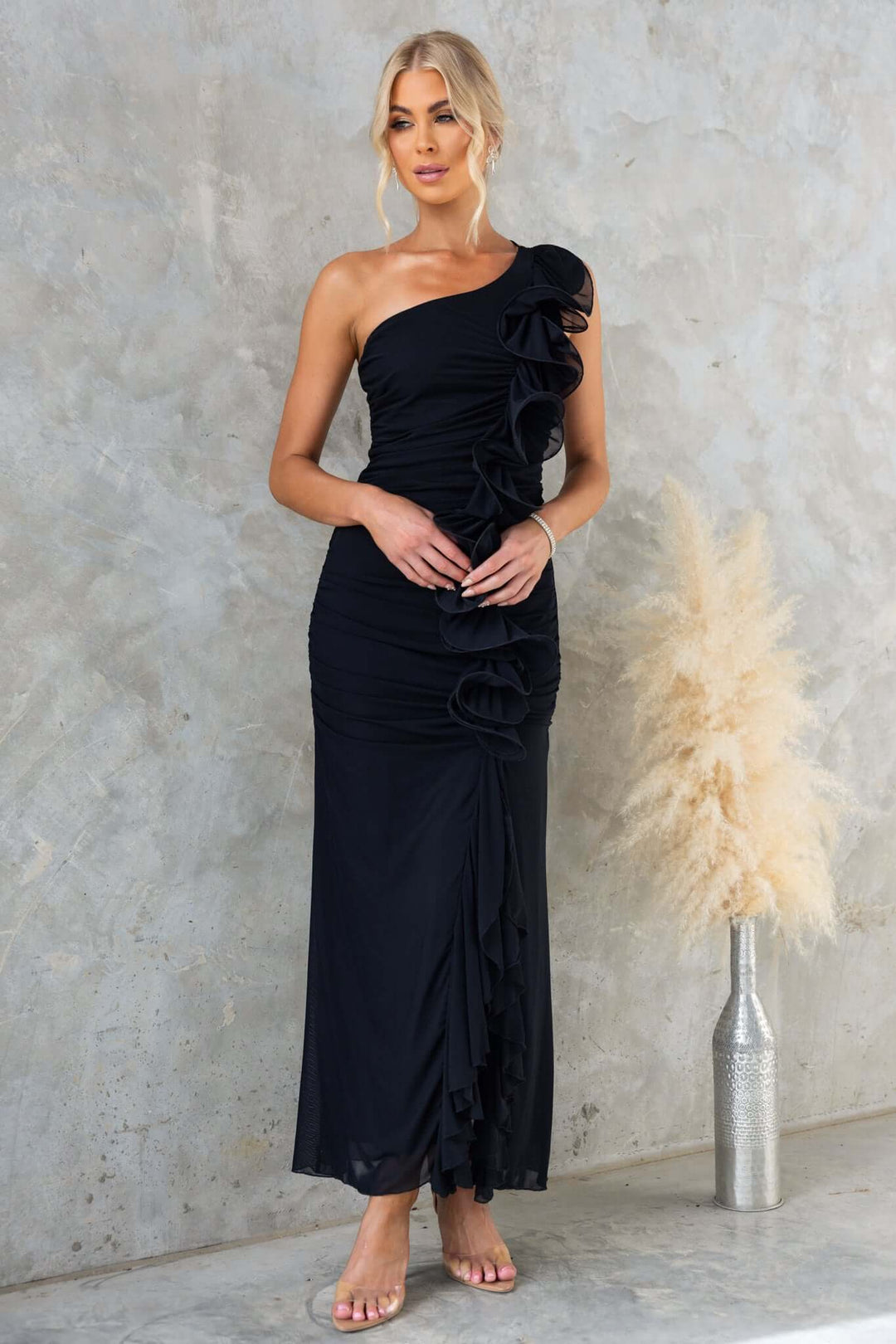 Damen Elegantes Rüschen-Maxi-Kleid im Stile einer Seite mit hohem Schlitz Drune