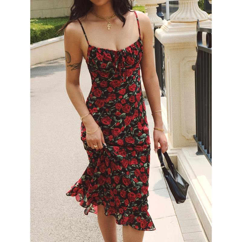Damen Maxikleid mit floralem Muster und Rüschensaum Drune