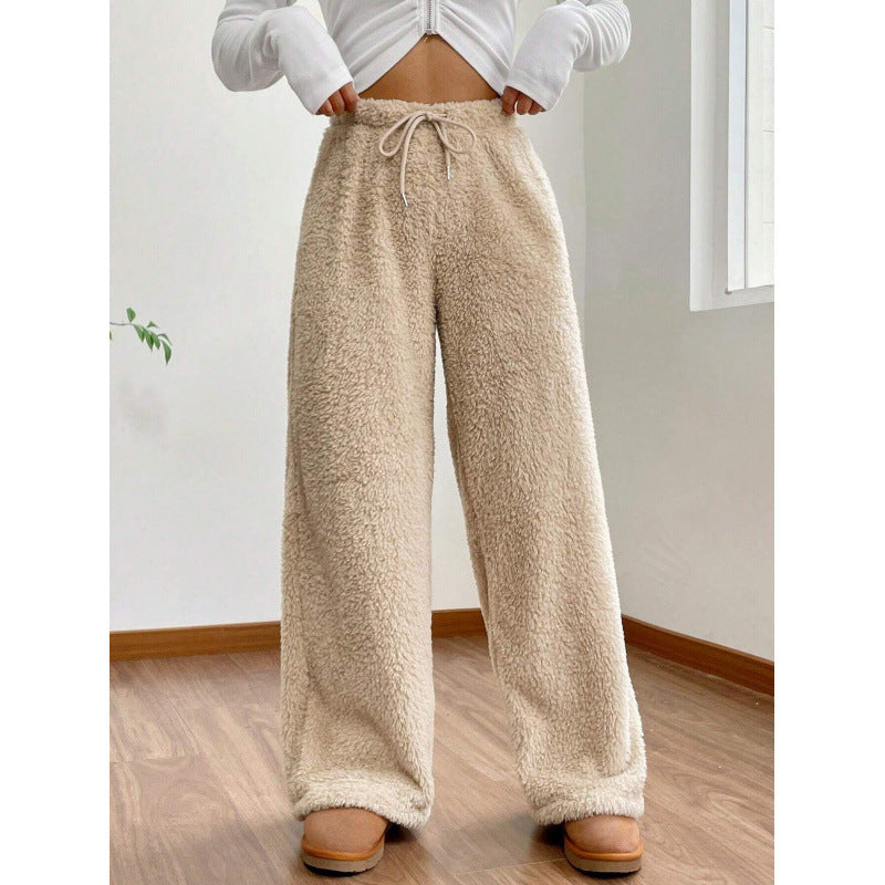 Damen Flauschige Relax-Hose mit Bindegürtel und weit geschnittenem Bein Drune