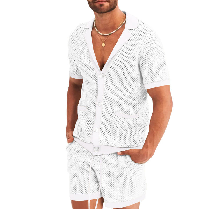 Herren nan offener Netzstrick-Cardigan mit passenden Kordelzug-Shorts Drune