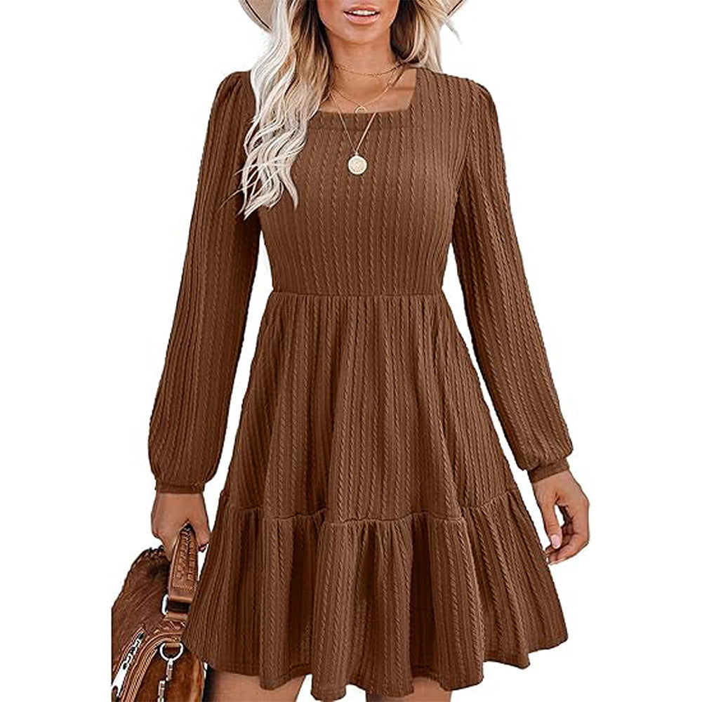 Damen lässiges Midi-Kleid mit schickem Quadrat-Ausschnitt und gerafften Ärmeln Drune