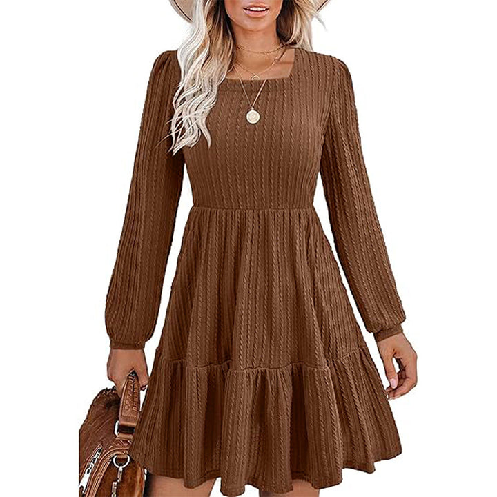 Damen lässiges Midi-Kleid mit schickem Quadrat-Ausschnitt und gerafften Ärmeln Drune