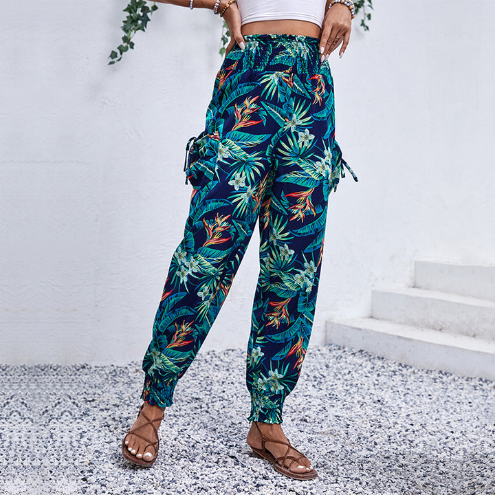 Damen Cargo-Hose mit elastischem Bund und buntem Blätter-Print Drune