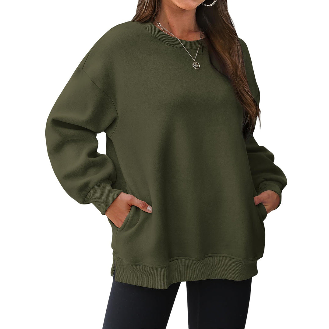 Damen nan verlängertes Oversize Rundhalspullover mit seitlichen Eingrifftaschen, Rippbündchen und überschnittener Schulter Drune