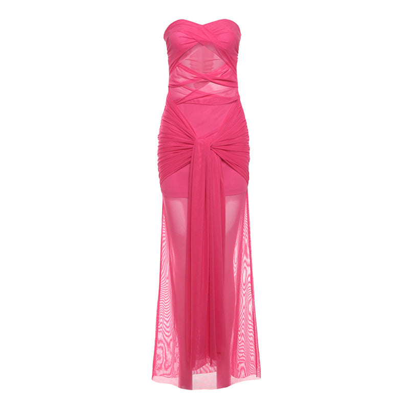 Damen Elegantes trägerloses Maxikleid mit raffinierten Drapierungen und transparenter Optik Drune