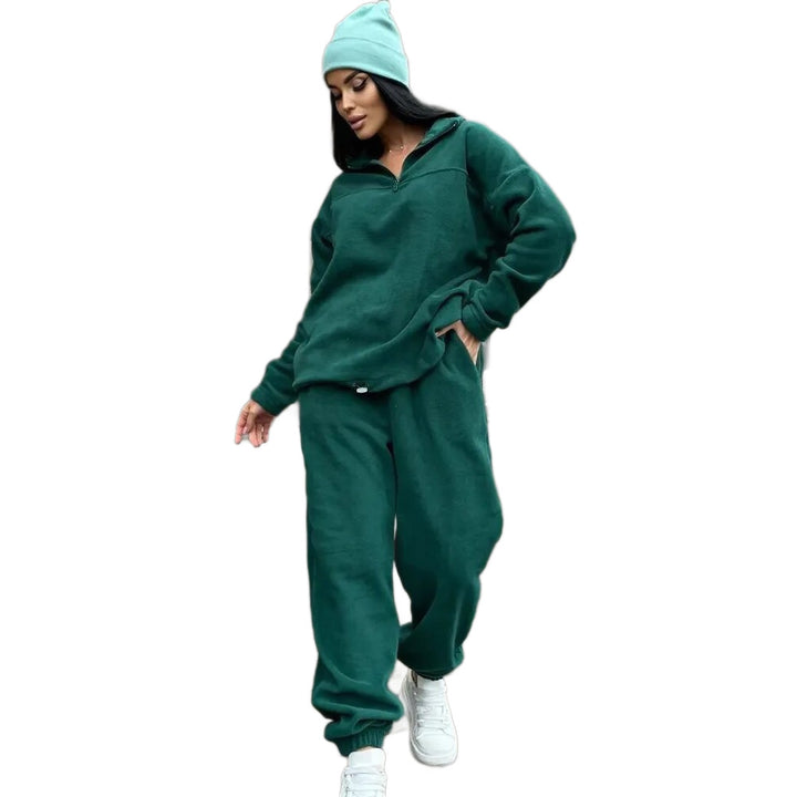 Damen Kuscheliges Fleece-Loungewear-Set mit Halb-Reißverschluss und elastischem Bund Drune