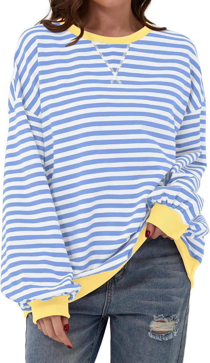 Damen Cozy Übergroßer Gestreifter Pullover Sweatshirt Drune